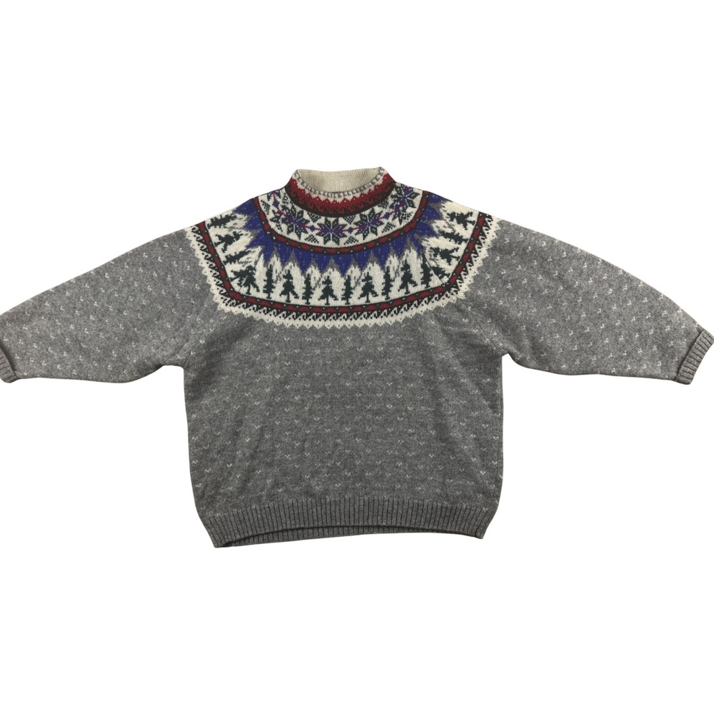 Vintage 1992 Eddie Bauer Fair Isle Wool Sweater Grey Petite Large Pine Tree